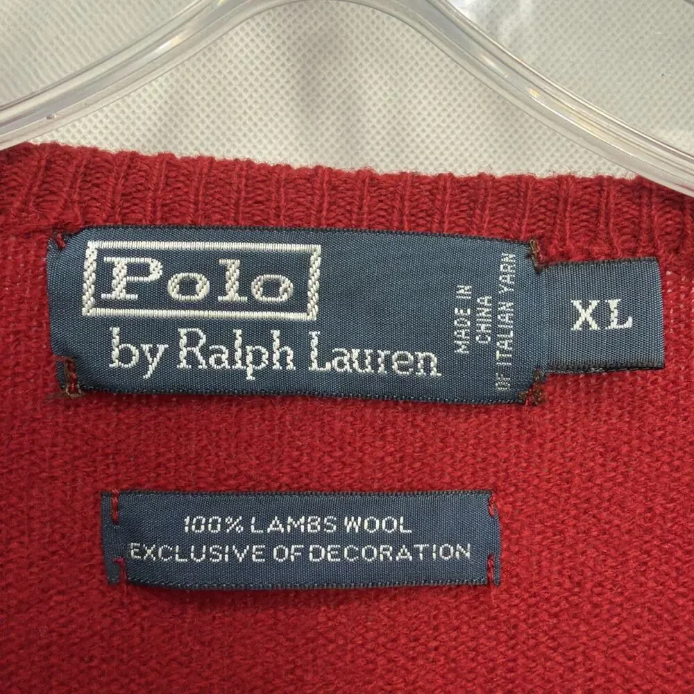 Polo Ralph Lauren Mens sz X-Large Red 100% Lambs Wool V-Neck Sweater